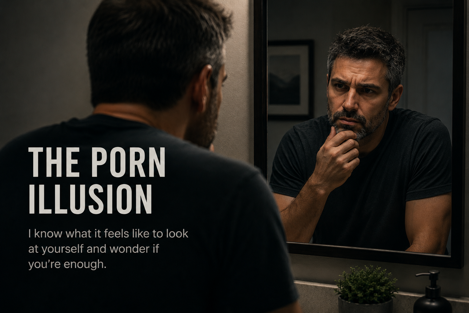 Man looking at himself in the mirror reflecting on men's sexual health